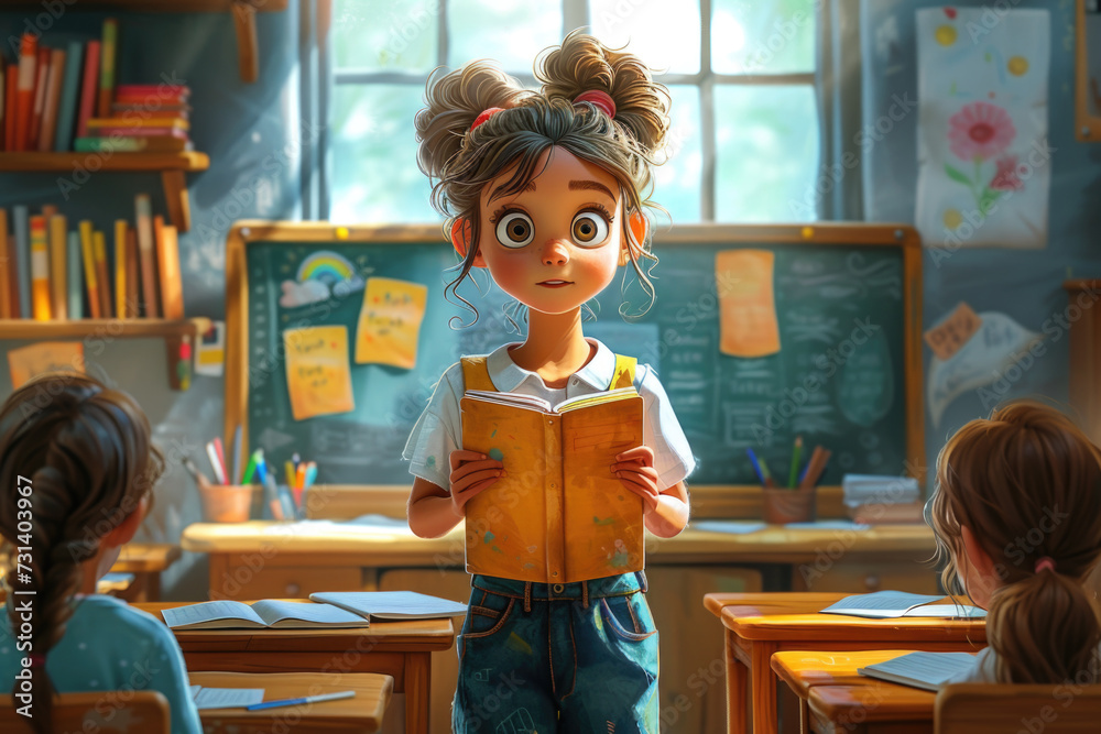 Cartoon girl reading in a classroom setting Stock Illustration | Adobe ...