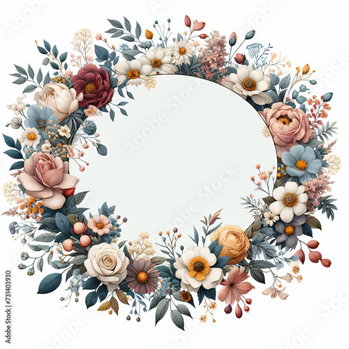 Circular floral frame wreath roses daisies flowers vibrant colors detailed design with visible petal lines leaf veins forming shape on a white background