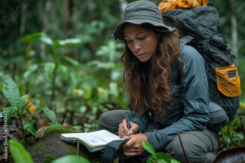 Ecologist taking notes in the forest during field research photo