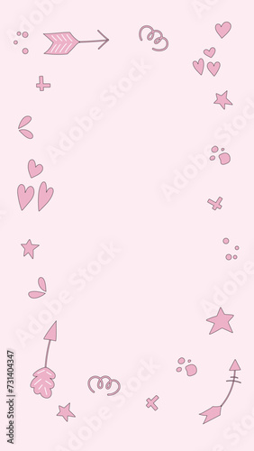 Hand drawn pink cute background with doodle elements. Vector vertical design.
