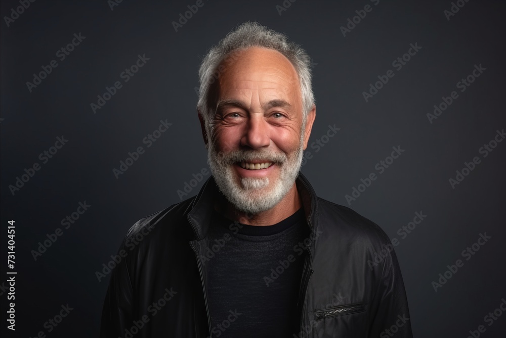 Portrait of a happy senior man in a black leather jacket on a dark background. Portrait of a happy senior man in a black leather jacket on a dark background.