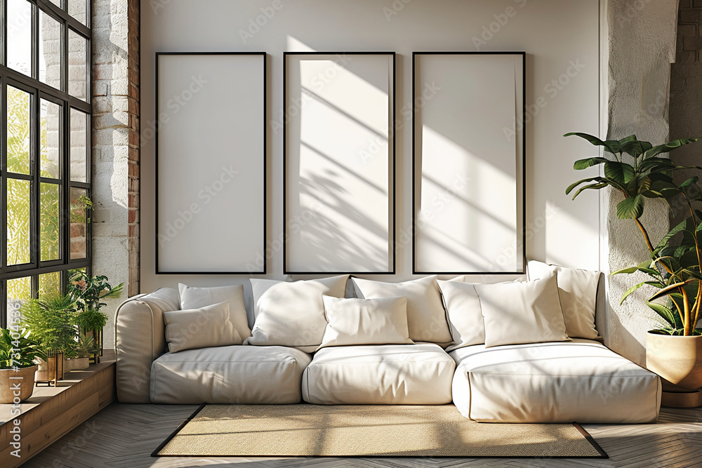 Set of 3 Mockups empty, blank poster canva, inside a living room, beside the window, beautiful sunlight Set of 3 Mockups empty, blank poster canva, inside a living room, beside the window, beautiful sunlight