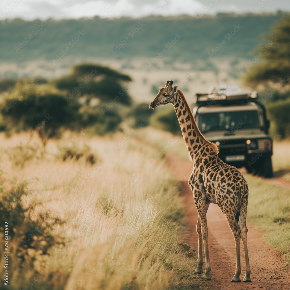 Fototapeta premium Giraffe on Safari Adventure in Picturesque African Landscape