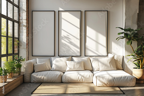 Set of 3 Mockups empty  blank poster canva  inside a living room  beside the window  beautiful sunlight