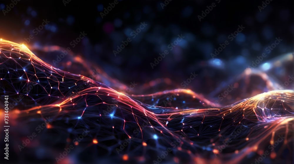 暗い背景にネットワーク内を流れる輝く粒子データ、ネットワーク｜Glowing particle data flowing in the network on a dark background.network. Generative AI - obrazy, fototapety, plakaty 