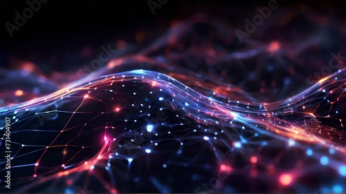 暗い背景にネットワーク内を流れる輝く粒子データ、ネットワーク｜Glowing particle data flowing in the network on a dark background.network. Generative AI