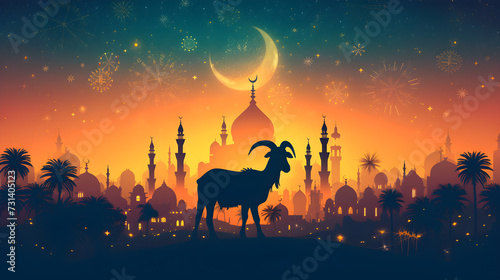 Eid al-Adha poster concept with goat and mosque in the background, representing the Islamic holiday and tradition of sacrifice. It can be used for event promotion or educational purposes. photo