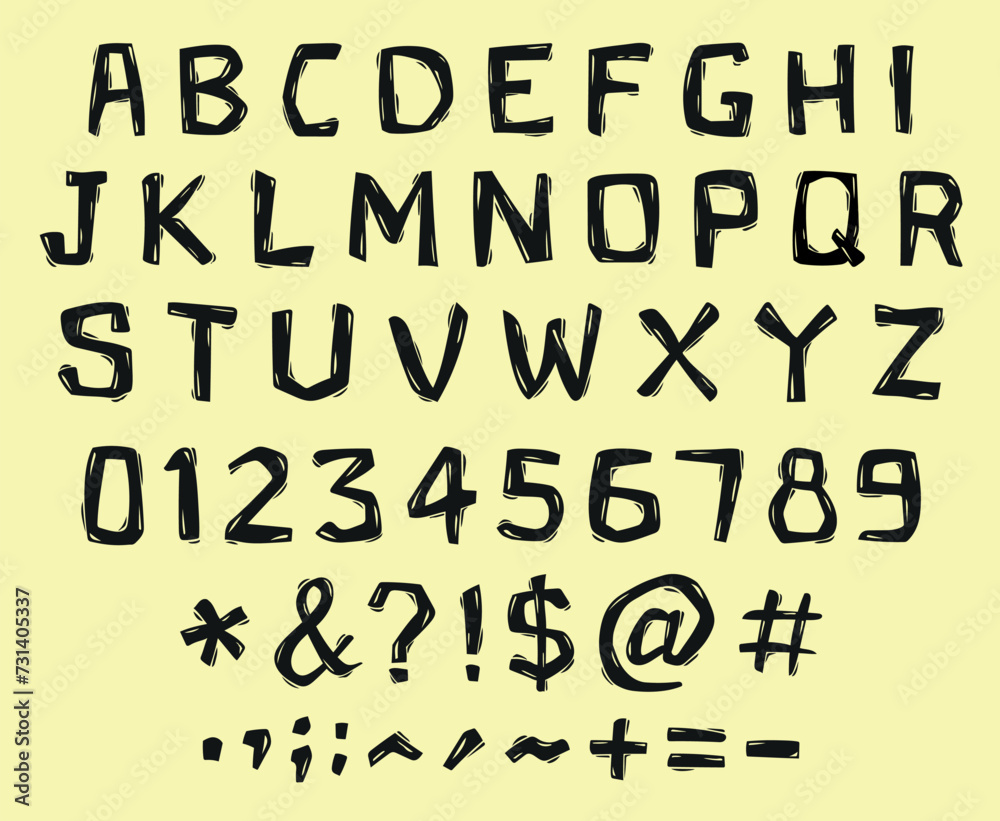 Roughly contoured alphabet that carries the effect of two traditional engraving techniques, woodblock printing or linoleum cut printing