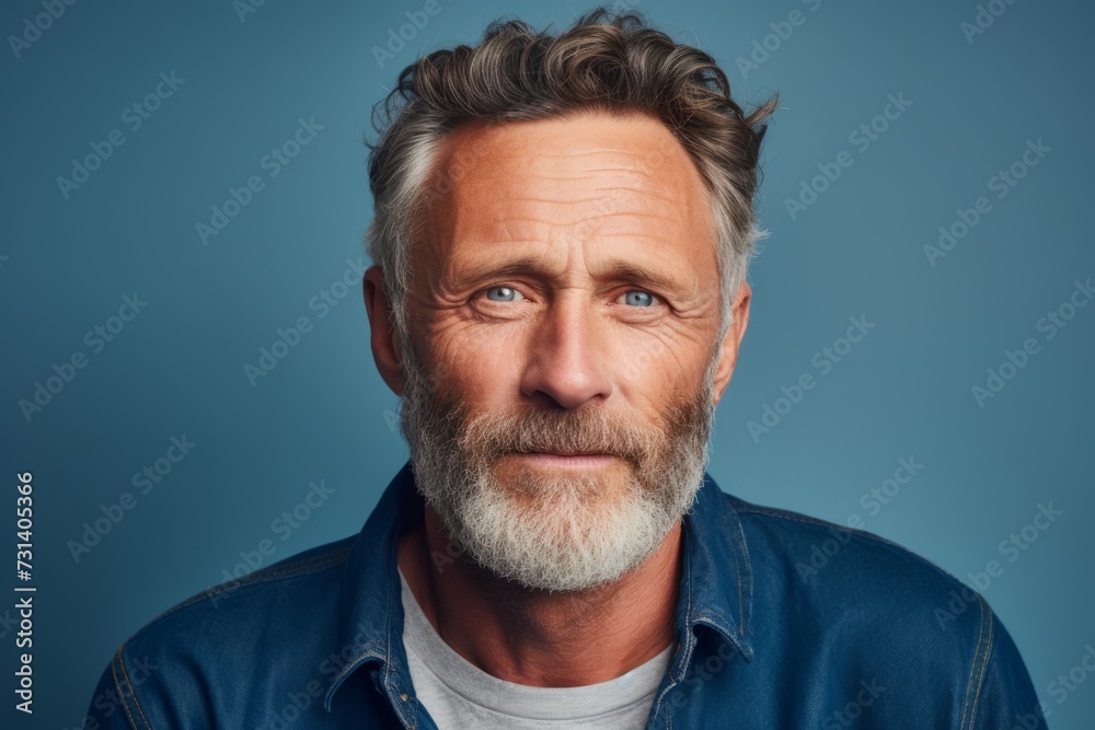 Portrait of a senior man with grey beard and mustache on blue background Portrait of a senior man with grey beard and mustache on blue background