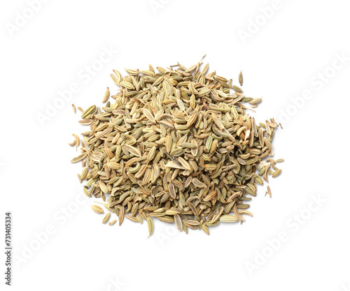 Pile of dry fennel seeds isolated on white, top view