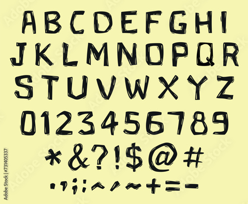 Roughly contoured alphabet that carries the effect of two traditional engraving techniques, woodblock printing or linoleum cut printing