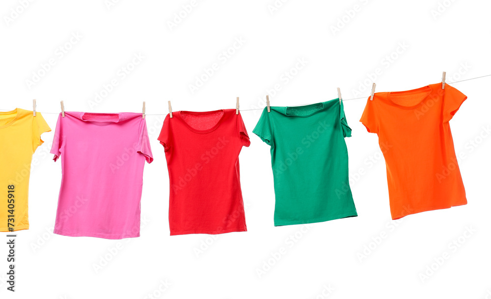 Different bright t-shirts drying on washing line against white background Different bright t-shirts drying on washing line against white background
