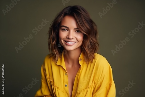 Portrait of a beautiful young brunette woman in yellow shirt.