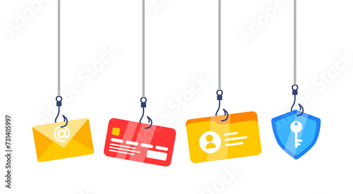 Phishing Scam Alert Concept. Phishing scam, hooks bait with email, card, and shield. Vector illustration