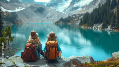 Two girls enjoying the beautiful view of the turquoise lake in the mountains in Glacier