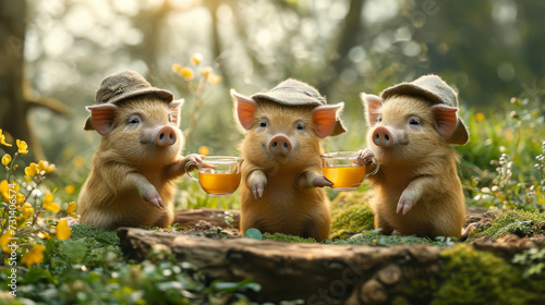 A group of pigs having a tea party. 