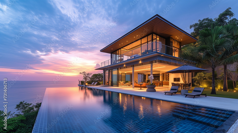 Modern house with a swimming pool, modern pool villa at the beach, luxury villa with  tropical ocean