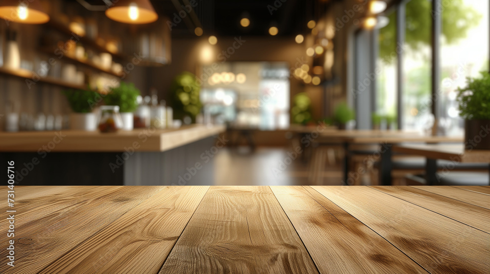 Empty beautiful wood tabletop counter and blur bokeh modern kitchen interior background in clean and bright