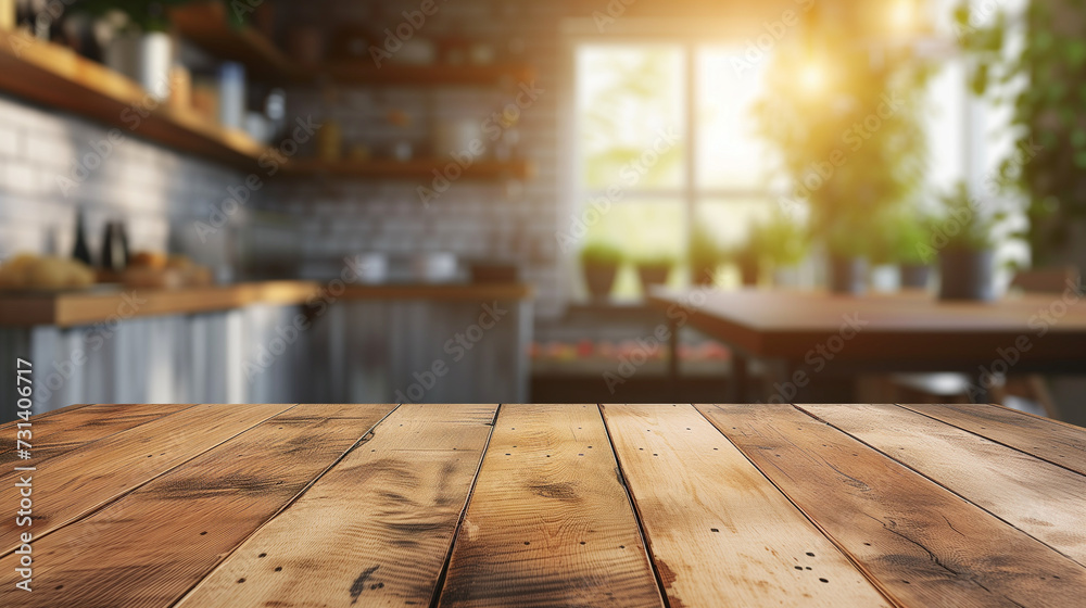 Empty beautiful wood tabletop counter and blur bokeh modern kitchen interior background in clean and bright sunlight Empty beautiful wood tabletop counter and blur bokeh modern kitchen interior background in clean and bright sunlight