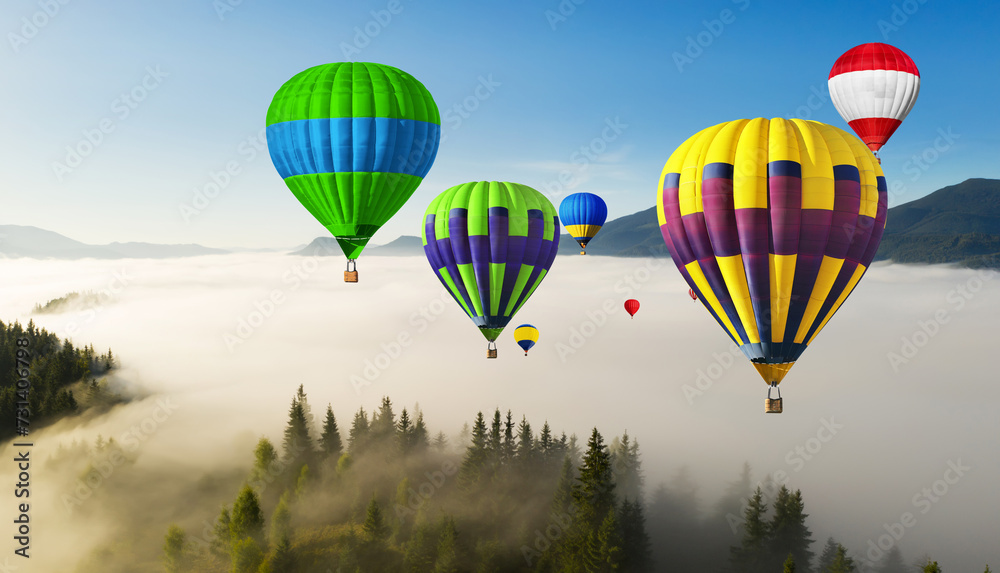 Bright hot air balloons flying over foggy mountains. Banner design