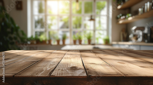 Empty beautiful wood tabletop counter and blur bokeh modern kitchen interior background in clean and bright  Banner  Ready for product montage  kitchen in evening light 