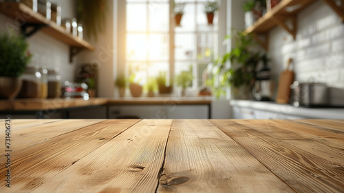 Empty beautiful wood tabletop counter and blur bokeh modern kitchen interior background in clean and bright, Banner, Ready for product montage, warm sunlight