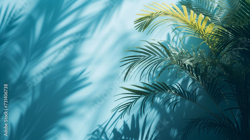 palm leaves in the sun background, palm leaves shadow with blue background, summer vacation travel background