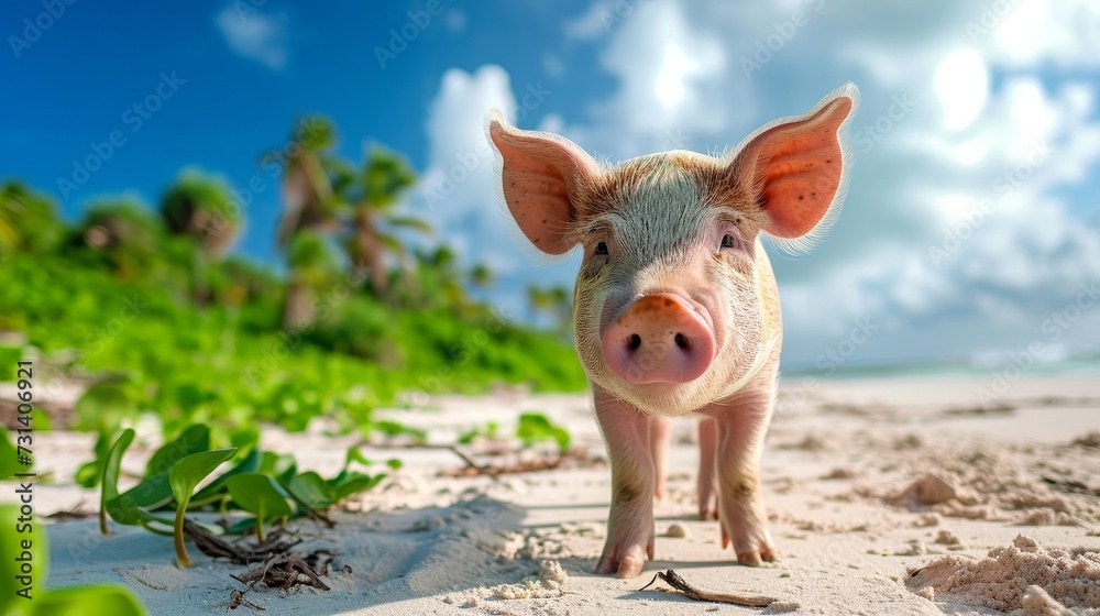 Content pig lounges on the beach, lush green plants framing the serene scene, Ai Generated. Content pig lounges on the beach, lush green plants framing the serene scene, Ai Generated.