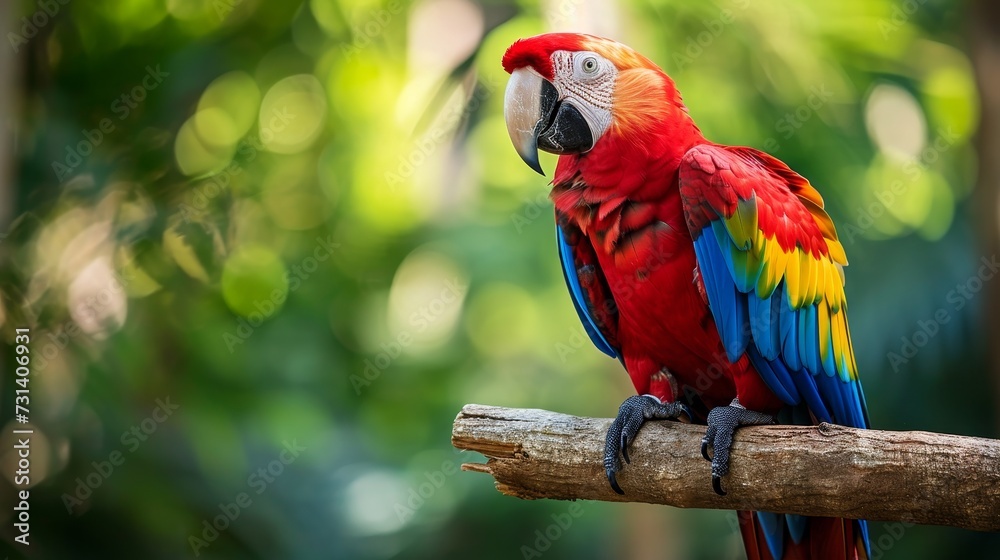 Obraz premium Colorful parrot perches gracefully on a branch, its vibrant plumage a sight to behold, Ai Generated.