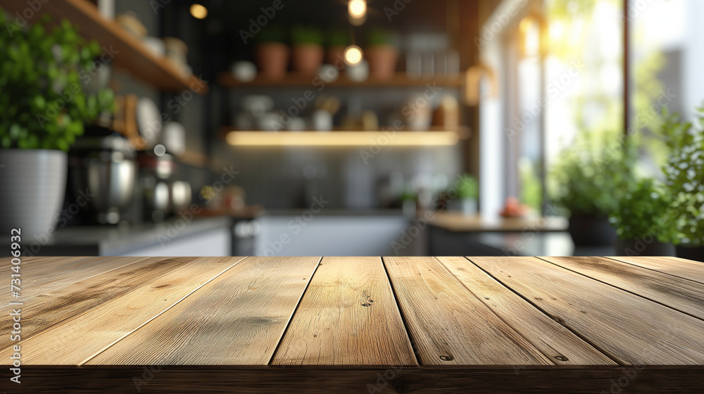 Empty beautiful wood tabletop counter and blur bokeh modern kitchen interior background in clean and bright,Banner, Ready for product montage Empty beautiful wood tabletop counter and blur bokeh modern kitchen interior background in clean and bright,Banner, Ready for product montage