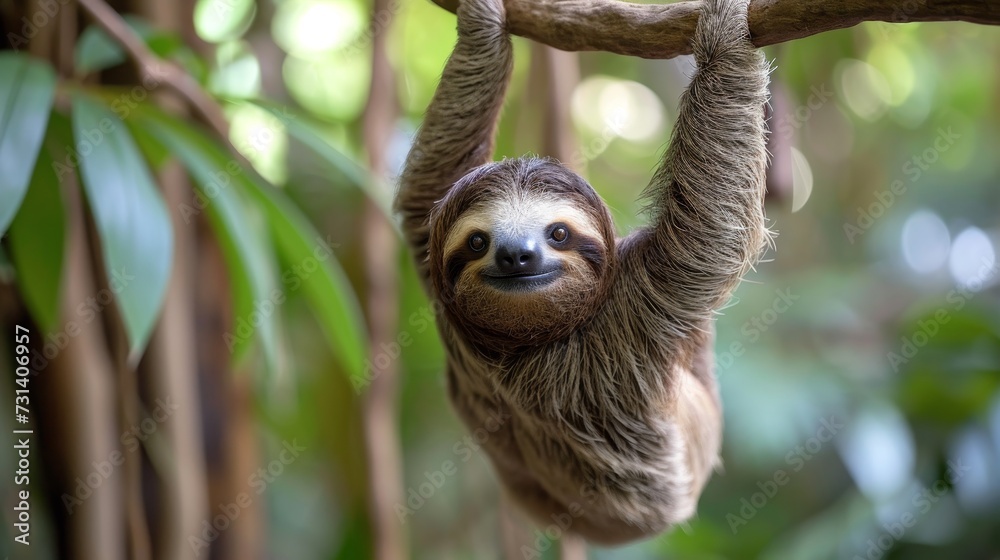 Fototapeta premium Relaxed sloth hangs lazily from a branch, embodying tranquility in its natural habitat, Ai Generated.