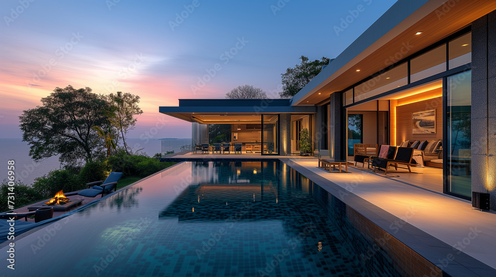 Modern house with a swimming pool, modern pool villa at the beach, big luxury villa