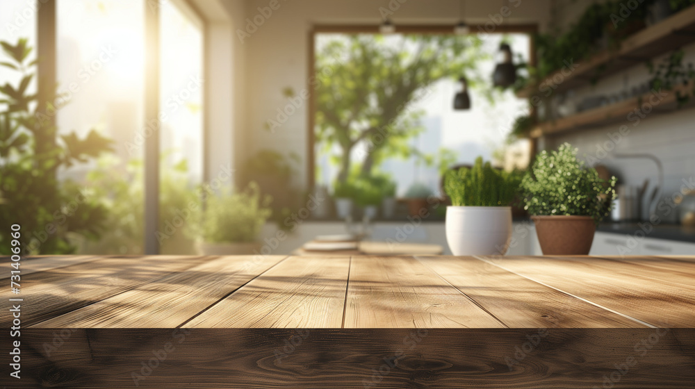 Empty beautiful wood tabletop counter and blur bokeh modern kitchen interior background in clean and bright,Banner, Ready for product montage Empty beautiful wood tabletop counter and blur bokeh modern kitchen interior background in clean and bright,Banner, Ready for product montage