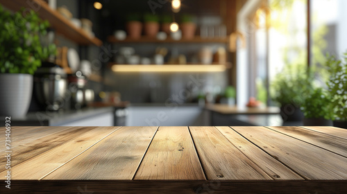 Empty beautiful wood tabletop counter and blur bokeh modern kitchen interior background in clean and bright Banner  Ready for product montage 