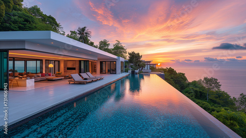 Modern house villa with a swimming pool, modern pool villa at the beach, luxury villa with tropical ocean at sunset golden hour © Fokke Baarssen