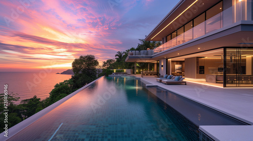 Modern house villa with a swimming pool, modern pool villa at the beach, luxury villa with tropical ocean at sunset golden hour © Fokke Baarssen