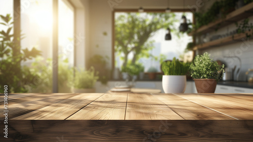 Empty beautiful wood tabletop counter and blur bokeh modern kitchen interior background in clean and bright,Banner, Ready for product montage 