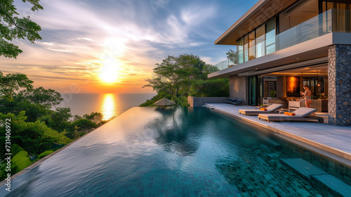 Modern house with a swimming pool, modern pool villa at the beach, luxury villa with tropical ocean