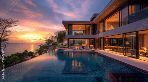 Modern house with a swimming pool, modern pool villa at the beach, luxury villa in the evening © Fokke Baarssen