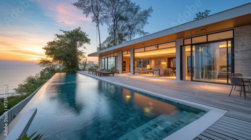 Modern house with a swimming pool, modern pool villa at the beach, luxury villa with  tropical ocean minimal © Fokke Baarssen