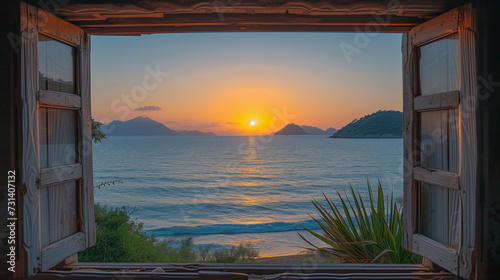 Sunset through a wooden window with ocean beach view of Fethiye Turkey