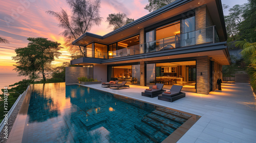Modern house with a swimming pool, modern pool villa at the beach, luxury villa with  tropical ocean at sunset