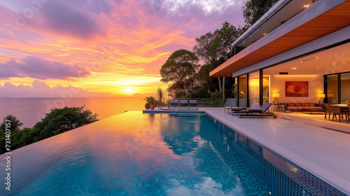 Modern house with a swimming pool at sunset, modern pool villa at the beach, luxury villa © Fokke Baarssen