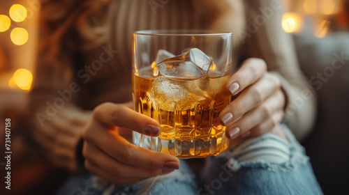 close up of woman's leg with body and hands Woman holding a whisky drink, sexy woman with alcohol drink in room