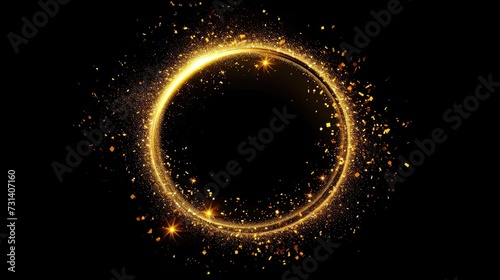 A mesmerizing circle of gold glitter and sparkles illuminates against a black backdrop. Ai Generated.