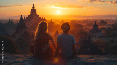 couple travelers watching the sunrise in Bagan Myanmar