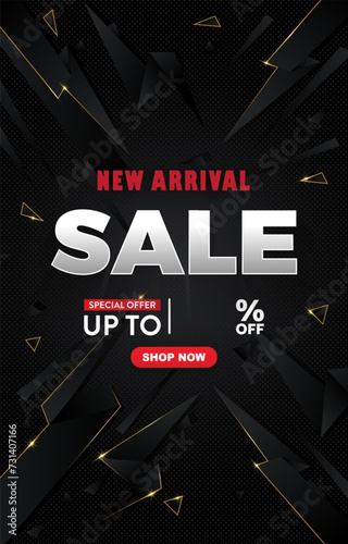 new arrival sale discount template banner with copy space for product sale with abstract gradient black background design