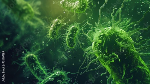 Sinister green monster bacteria and viruses launch an assault within the body's defenses. Ai Generated.