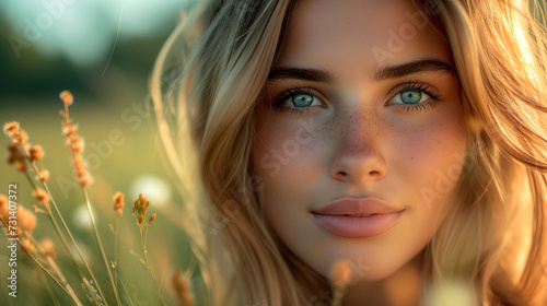 portrait of a woman in a flower field at sunset,portrait of a woman with beautiful eyes and a soft warm of sunlight, close up of beautiful woman eyes,Beautiful sensual sexy young women