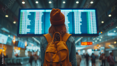 woman with travel tickets and documents checking flight schedules. Backpack person with identity document at the airport photo